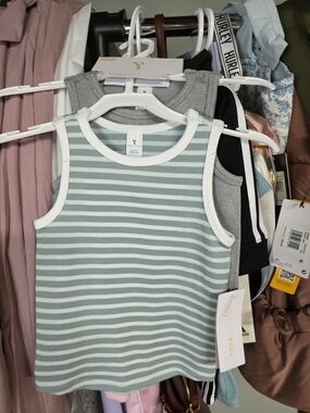 Yogalicious Gray And Mint Green & White Striped Ribbed Tank Top